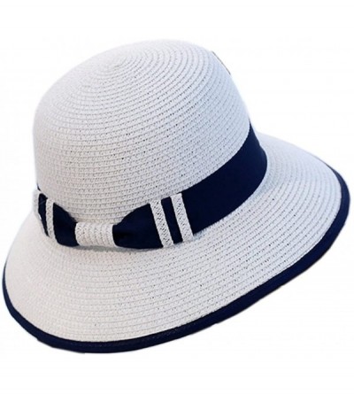 Sun Hats Women Elegant Bowknot Floppy Beach Straw Hats Wide Brim Packable Sun Cap - Stripe White - C918EZO6Z99 $12.68