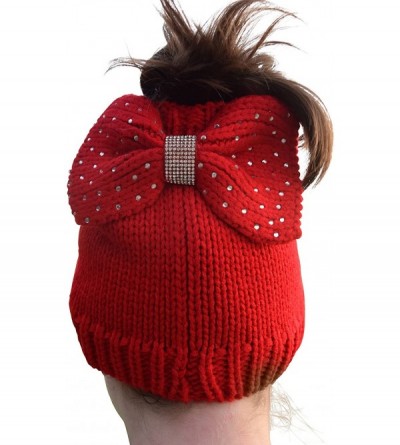 Skullies & Beanies Messy Bun Beanie Slouchy Style Hole for Ponytail Hat Rhinestone Studded Bow - Red - CO1878OW8L9 $11.85