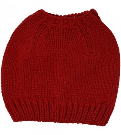 Skullies & Beanies Messy Bun Beanie Slouchy Style Hole for Ponytail Hat Rhinestone Studded Bow - Red - CO1878OW8L9 $11.85