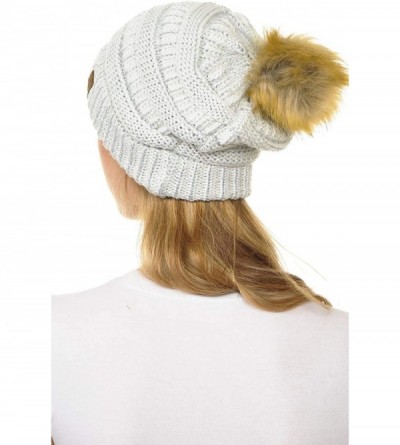 Skullies & Beanies Hat-43 Thick Warm Cap Hat Skully Faux Fur Pom Pom Cable Knit Beanie - Metallic Ivory/Silver - CJ18X9AHE4Q ...