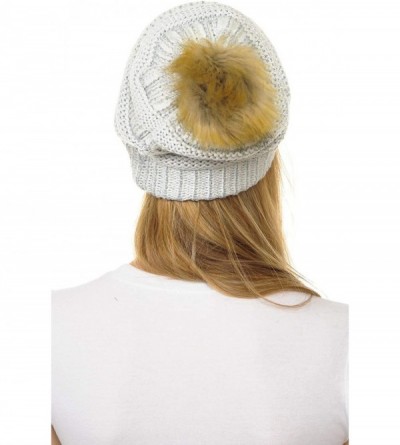 Skullies & Beanies Hat-43 Thick Warm Cap Hat Skully Faux Fur Pom Pom Cable Knit Beanie - Metallic Ivory/Silver - CJ18X9AHE4Q ...