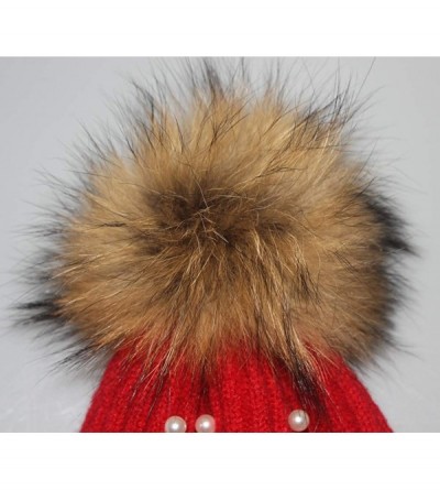 Skullies & Beanies Girls Winter Knitted Beanie Hat Real Fur Pom Pearls Womens Warm Cap - Red - CX18KN3KYD3 $14.49