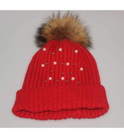 Skullies & Beanies Girls Winter Knitted Beanie Hat Real Fur Pom Pearls Womens Warm Cap - Red - CX18KN3KYD3 $14.49