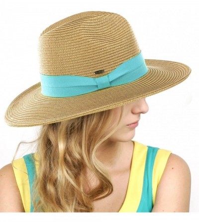 Fedoras Lightweight Solid Color Band Braided Panama Fedora Sun Hat - Dark Natural/Mint - CN11WWYGVHP $12.71