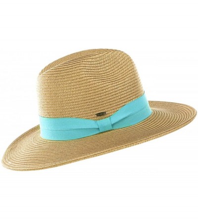 Fedoras Lightweight Solid Color Band Braided Panama Fedora Sun Hat - Dark Natural/Mint - CN11WWYGVHP $12.71
