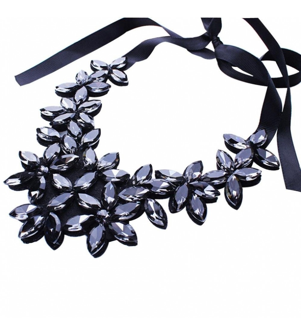 Headbands Flower Ribbon Chain Short Necklace Pendant Crystal Choker Chunky Collar Necklace (Black) - Black - CO12O3X7NJP $10.41