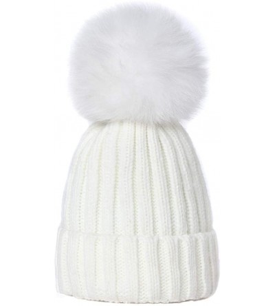Skullies & Beanies Knitted Warm Winter Slouchy Beanie Hats with Faux Fur Pom Pom Hat Chunky Slouchy Ski Cap - White White - C...