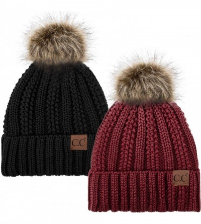 Skullies & Beanies Thick Cable Knit Hat Faux Fur Pom Fleece Lined Cap Cuff Beanie 2 Pack - Burgundy/Black - CZ19252HIQ3 $32.50
