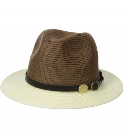 Fedoras Women's Straw Brim Hat with Leather Strap - Natural/Brown - CQ11F7JX46X $17.23