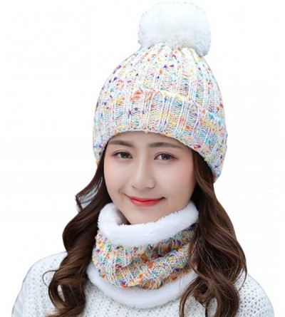 Skullies & Beanies Womens Winter Knit Beanie Hat Scarf Set Windproof Warm Fleece Lined Cap Girls Ski Hat with Pompom - White ...