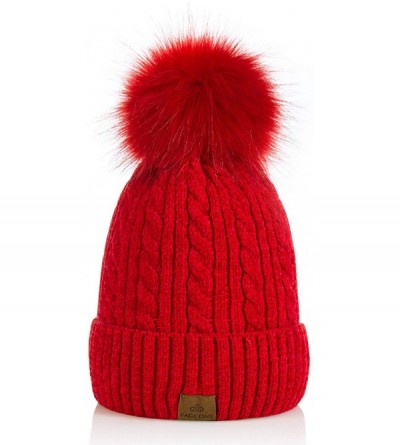 Skullies & Beanies Women Winter Pom Pom Beanie Hats Warm Fleece Lined-Chunky Trendy Cute Chenille Knit Twist Cap - 2-red - C2...