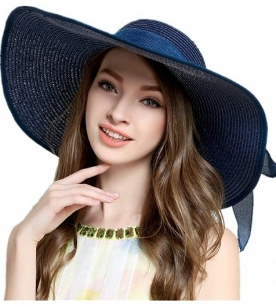 Sun Hats Women's Foldable Bowknot Straw Hat Large Wide Brim Summer Beach Sun Hat - Navy Blue - CF12GRTSW4Z $31.22