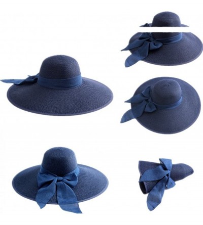 Sun Hats Women's Foldable Bowknot Straw Hat Large Wide Brim Summer Beach Sun Hat - Navy Blue - CF12GRTSW4Z $31.22