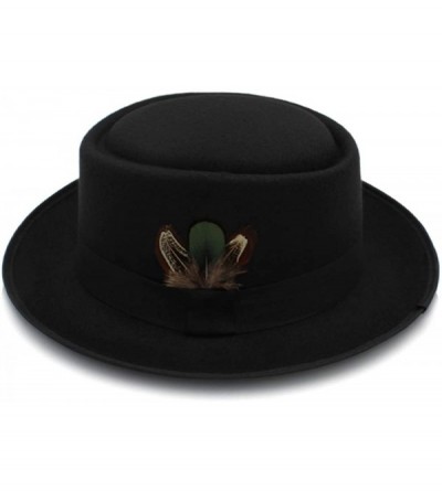 Fedoras Classic Wool Felt Black Pork Pie Hat Porkpie Jazz Fedora Hat Round Top Trilby Stingy Brim Feather Cap - Black - CN18L...
