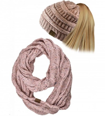 Skullies & Beanies Colorful Confetti BeanieTail Messy High Bun Cable Knit Beanie and Infinity Loop Scarf Set - Indi Pink - CV...