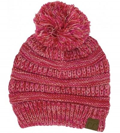 Skullies & Beanies Chunky Marled Cable Knit Warm Soft Multicolored Pom Beanie Hat - 4 Tone Mix - Hot Pink- Red- Baby Pink- Fu...