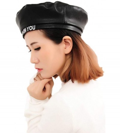 Berets Women Pu Leahter Beret Hat Black Harajuku Style Painter Hat Cap - Black-letter - CU18ZZYLWMM $13.99
