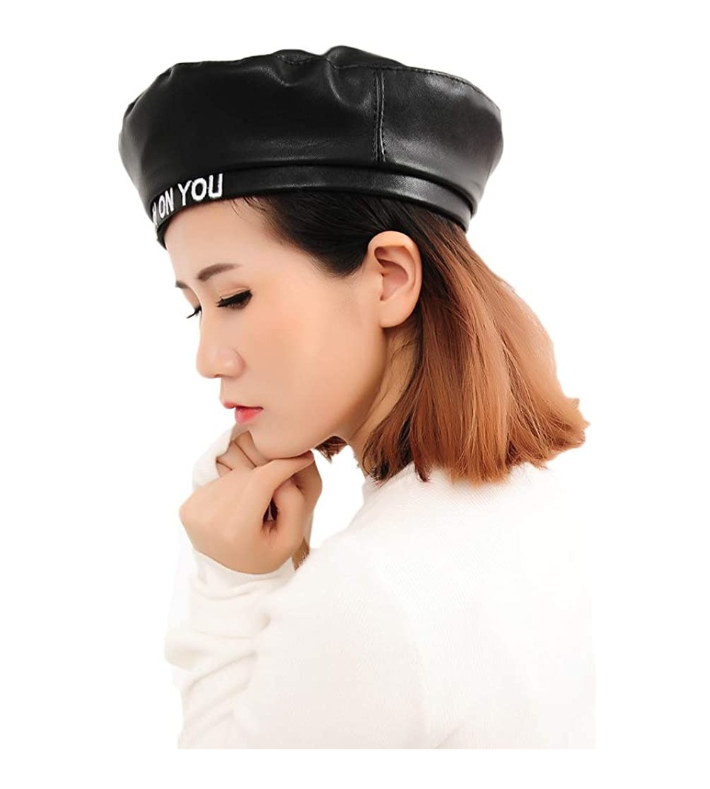 Berets Women Pu Leahter Beret Hat Black Harajuku Style Painter Hat Cap - Black-letter - CU18ZZYLWMM $13.99