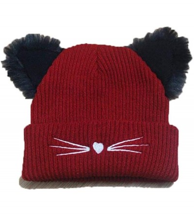 Skullies & Beanies Women Double Cat Ears Winter Casual Warm Cute Knitted Beanie Hats Hats & Caps - Wine Red - CU18Z2Y0SSE $16.30