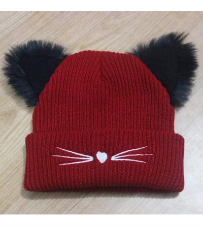 Skullies & Beanies Women Double Cat Ears Winter Casual Warm Cute Knitted Beanie Hats Hats & Caps - Wine Red - CU18Z2Y0SSE $16.30