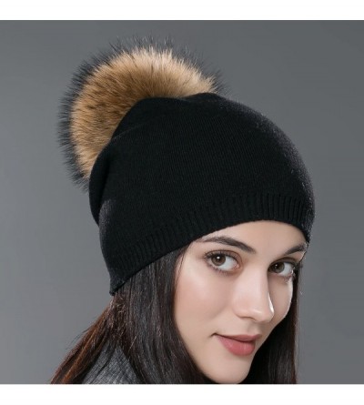 Skullies & Beanies Autumn Unisex Wool Knit Beanie Cap with Fur Ball Pom Pom Winter Hat - Black With Raccoon Pompom - CD12N1IF...