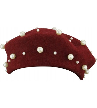 Berets Womens French Artist Solid 100% Wool Beret Hats with Full Pearl - Wine - C0186KDKSIL $11.22