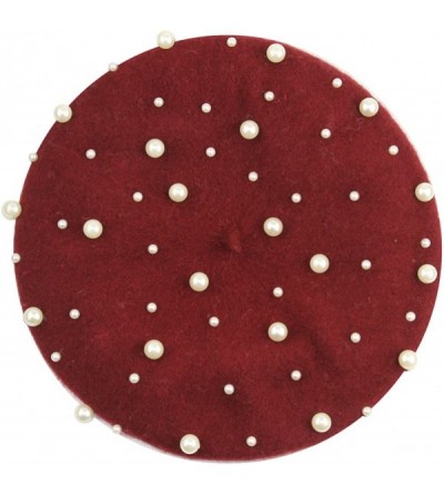 Berets Womens French Artist Solid 100% Wool Beret Hats with Full Pearl - Wine - C0186KDKSIL $11.22