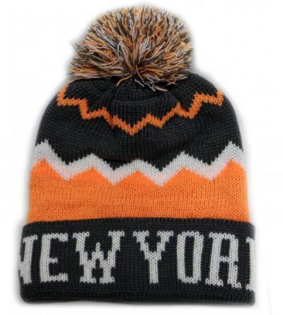 Skullies & Beanies Zig Zag Pattern New York Pom Pom Knit Hat - Dark Grey/Orange - CT11OQ8ECDZ $30.11