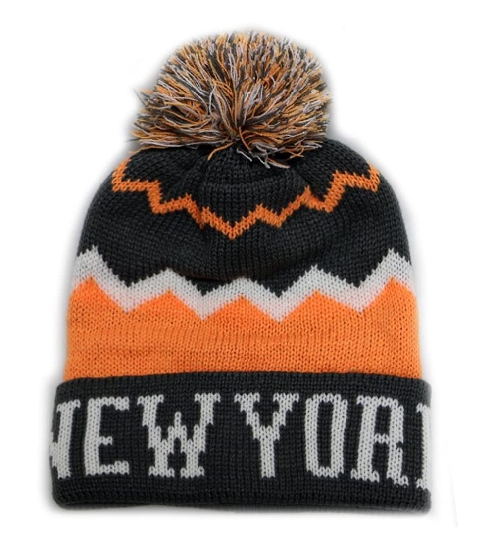 Skullies & Beanies Zig Zag Pattern New York Pom Pom Knit Hat - Dark Grey/Orange - CT11OQ8ECDZ $15.06