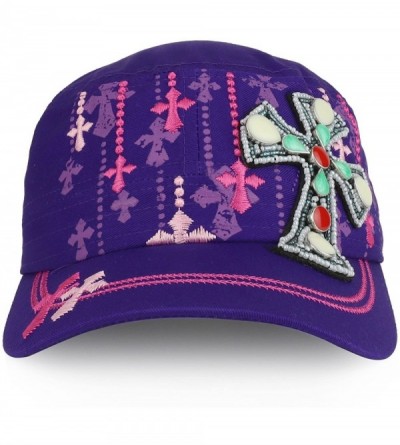 Baseball Caps Fancy Jeweled Cross Embroidered and Printed Flat Top Style Army Cap - Purple - C41805DDXAT $16.16