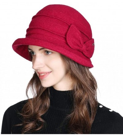 Bucket Hats Women Winter Wool Bucket Hat 1920s Vintage Cloche Bowler Hat with Bow/Flower Accent - 00769_red - CA18YDUHX78 $44.05