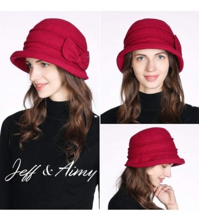 Bucket Hats Women Winter Wool Bucket Hat 1920s Vintage Cloche Bowler Hat with Bow/Flower Accent - 00769_red - CA18YDUHX78 $20.95