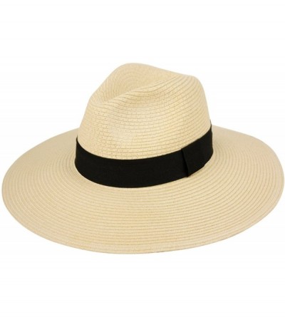 Fedoras Straw Panama Fedora Sun Hat in Solid Color W/Black Grosgrain Band Trim - Natural - CT17YNR0Q9Q $50.77