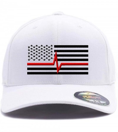 Baseball Caps Thin Red Life Line USA Flag. Embroidered. 6477 and 6277 Flexfit Wooly Combed Twill Flexfit Cap - White - C5180R...