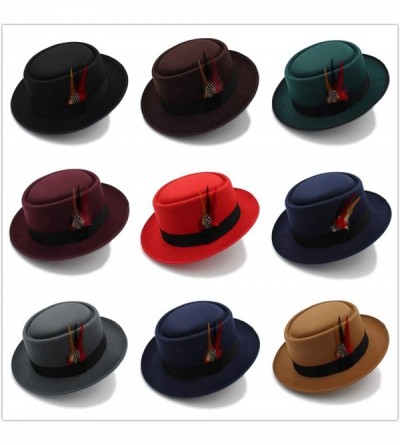 Fedoras Fashion Men Pork Pie Hat Wool Flat Fedora Hat Gentleman Panama Trilby Hat with Fashion Feather - Red - C418NLGEHNE $3...