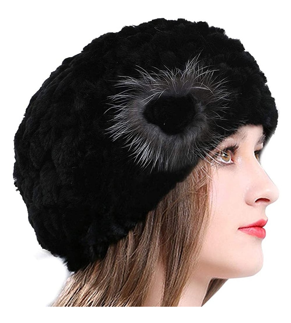 Berets Winter Berets for Womens Rex Rabbit Beanies Knitted Cashmere Hats Multicolour - Black 001 - CN18ZYW3H8O $17.25