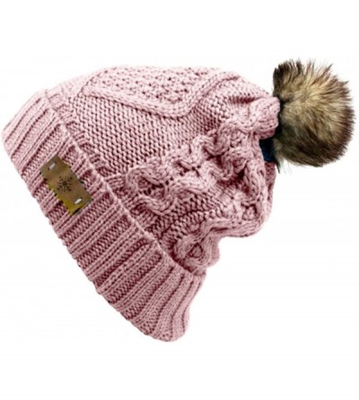 Skullies & Beanies Women's Fleece Lined Knitted Slouchy Faux Fur Pom Pom Cable Beanie Cap Hat - Indi Pink - CS187244YW3 $22.39