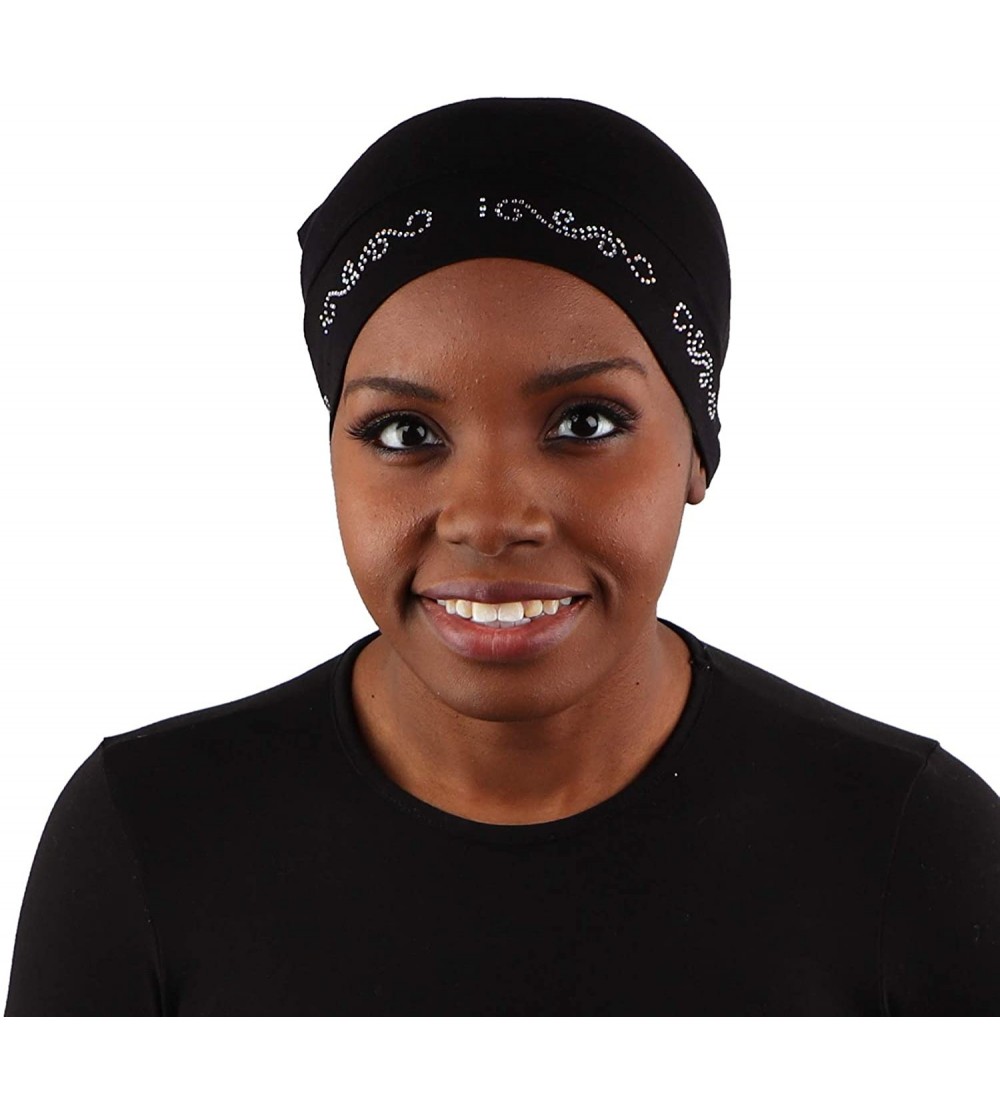 Skullies & Beanies Womens Soft Sleep Cap Comfy Cancer Hat with Rhinestone Swirly Chain Applique - Black - CT17Y0Q49GU $16.21