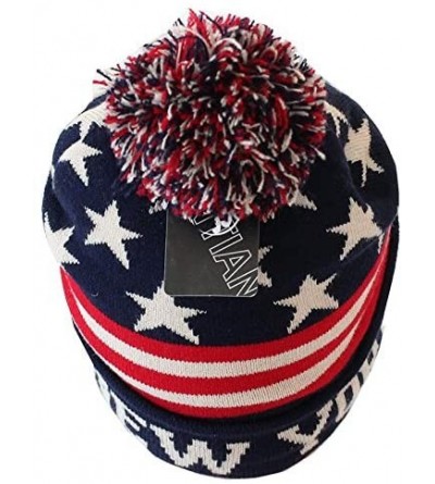 Skullies & Beanies USA Flag Stripes Stars NY Pom Pom Winter Knit Beanie Hat Red Blue Beige - CE18E74OO6Z $11.54