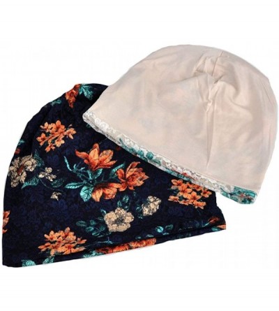 Skullies & Beanies Womens Cotton Beanie Lace Turban Soft Sleep Cap Chemo Hats Fashion Slouchy Hat - Navy Peony - CB18R3ES499 ...