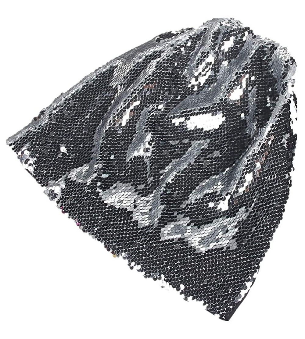 Berets Fashion Women Wraps Sequins Knit Crochet Ski Hat Braided Turban Headdress Cap - Silver - C218I8OIGGY $6.91