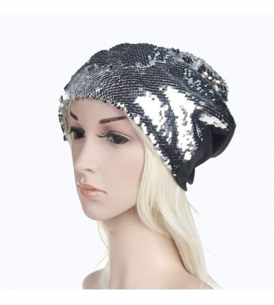 Berets Fashion Women Wraps Sequins Knit Crochet Ski Hat Braided Turban Headdress Cap - Silver - C218I8OIGGY $6.91