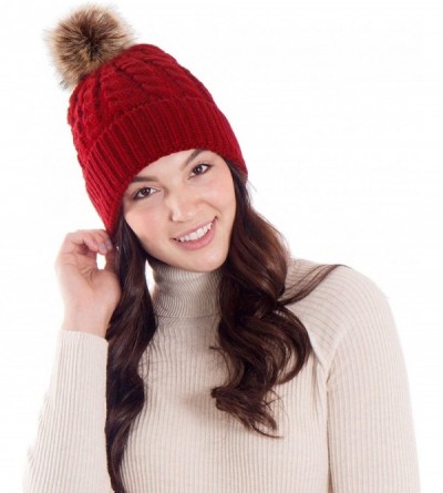 Skullies & Beanies Women's Winter Soft Chunky Cable Knit Pom Pom Beanie Hats Skull Ski Cap - Burgundy - CB188AQ3HE6 $15.58