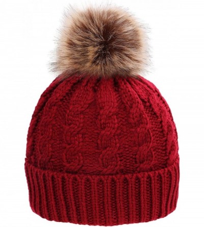 Skullies & Beanies Women's Winter Soft Chunky Cable Knit Pom Pom Beanie Hats Skull Ski Cap - Burgundy - CB188AQ3HE6 $15.58