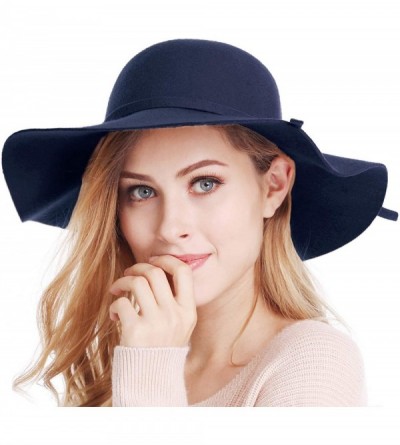Sun Hats Women's Wide Brim Wool Ribbon Band Floppy Hat - Navy - C418M8I8YG5 $18.19