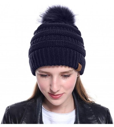 Skullies & Beanies Women Casual Knit Hats Beanie Hat Large Pom Ladies Winter Warm Cap - Navy - CB18AYXAN63 $10.08