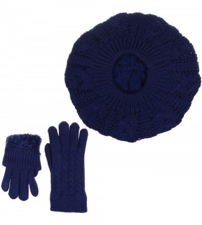 Berets Womens Winter Cozy Cable Fleece Lined Knit Beret Beanie Hat (Set Available) - Navy Cable Hat Gloves Set - CZ18UZUU0HI ...