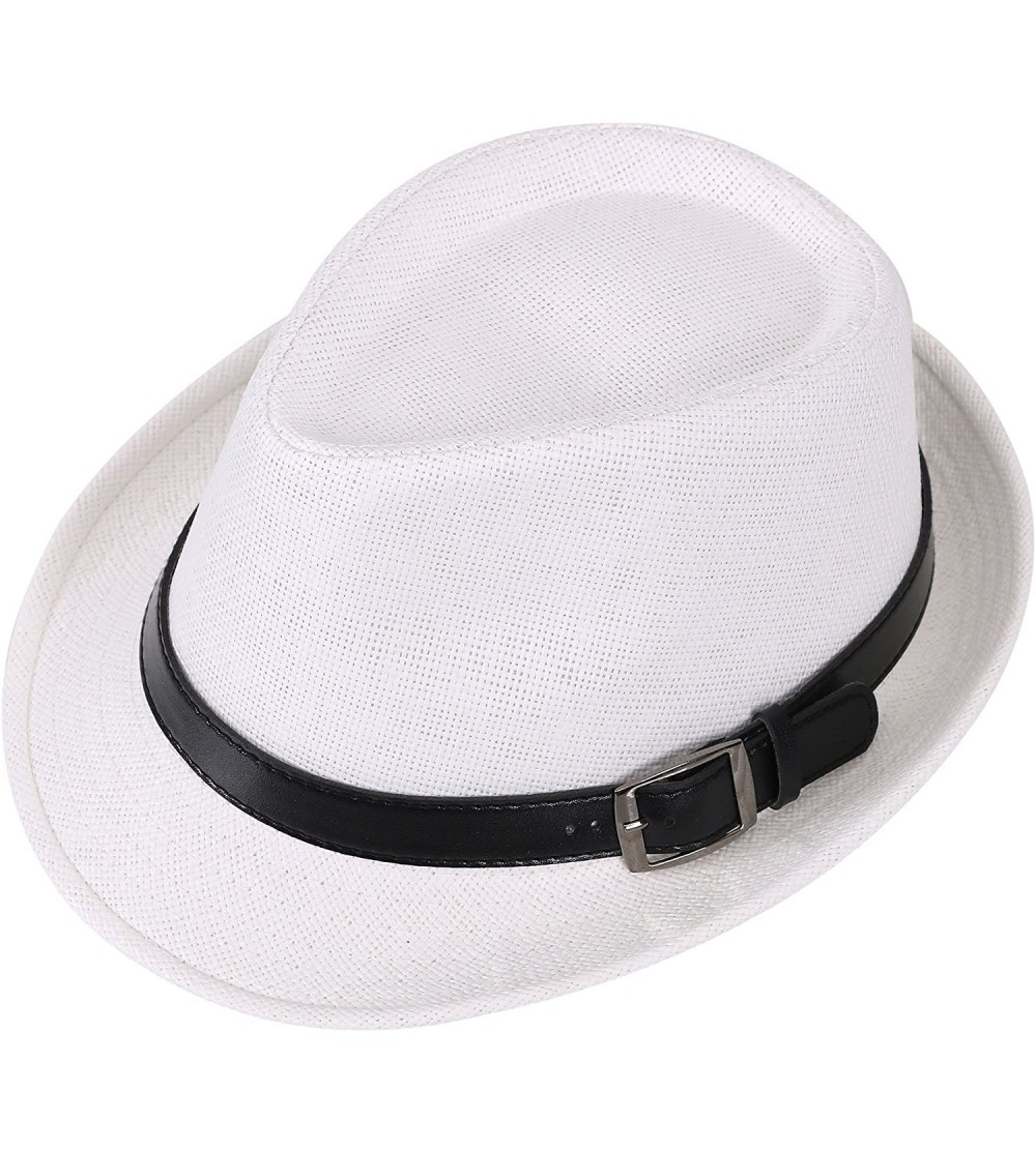 Fedoras Panama Style Trilby Fedora Straw Sun Hat with Leather Belt - White - C512IOFZS97 $19.71