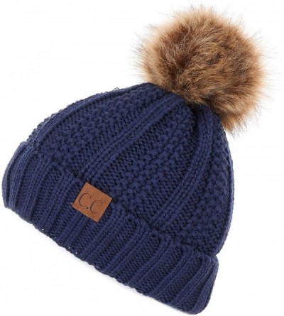 Skullies & Beanies Exclusives Fuzzy Lined Knit Fur Pom Beanie Hat (YJ-820) - Navy - CP18I6RAHN7 $35.97