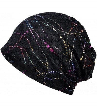 Skullies & Beanies Womens Cotton Beanie Lace Turban Soft Sleep Cap Chemo Hats Fashion Slouchy Hat - Black 1 - CD1887R4MW8 $9.39